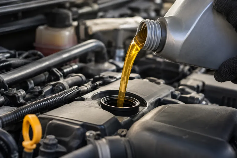 Aceite cargándose en el motor de un auto