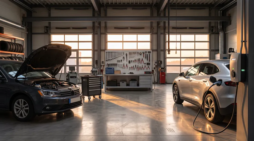 Un auto a combustión y uno eléctrico en el mismo taller