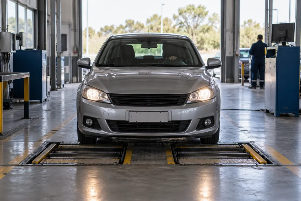 Auto en una línea de inspección técnica