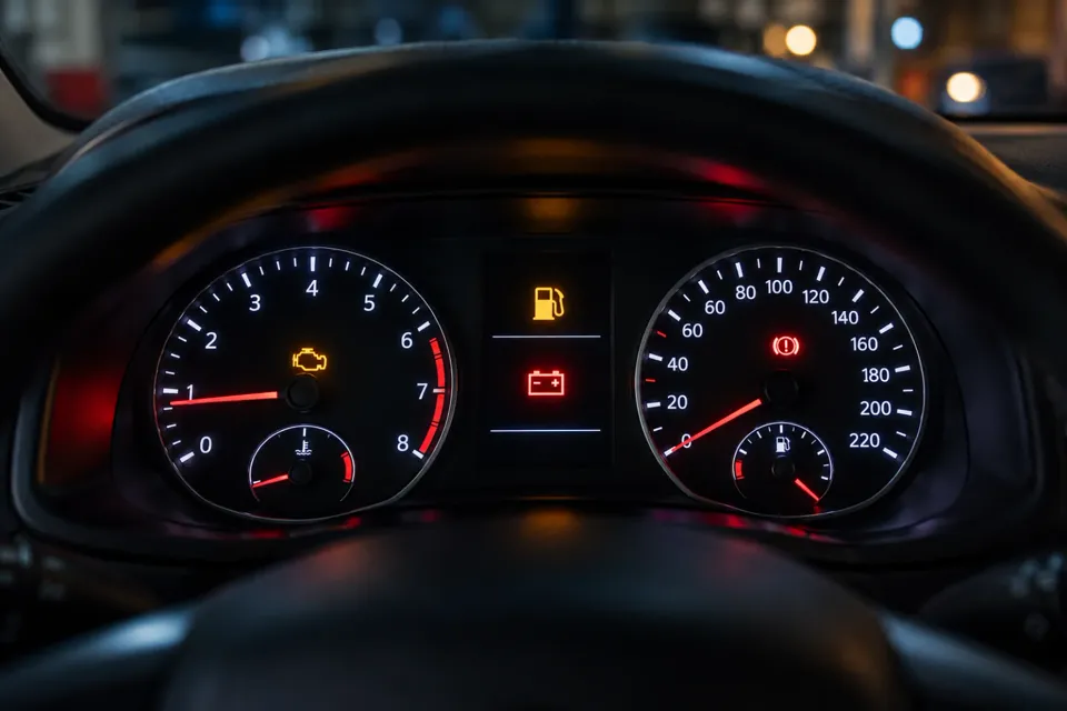 Tablero de un auto con testigos encendidos