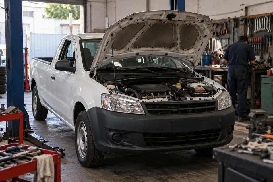 Camioneta utilitaria con el capó abierto en un taller