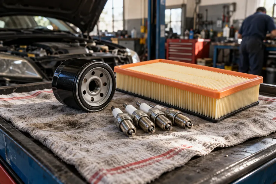 Filtros y bujías nuevas ordenados sobre un trapo