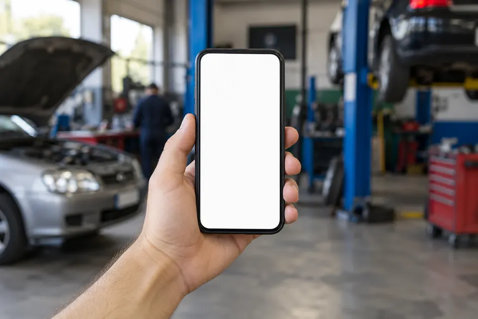 Mano con un celular frente a un taller mecánico