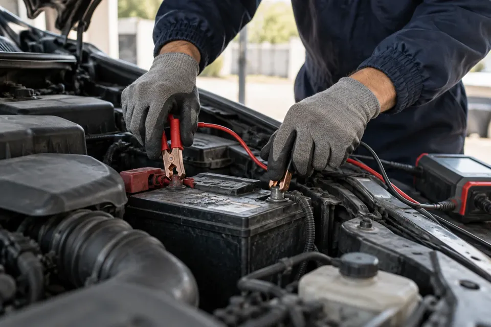 Manos probando una batería de auto con pinzas