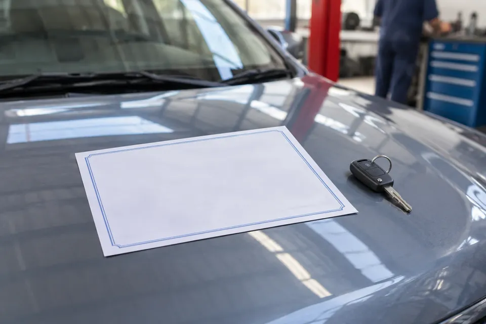 Papel de garantía sobre el capó de un auto recién reparado