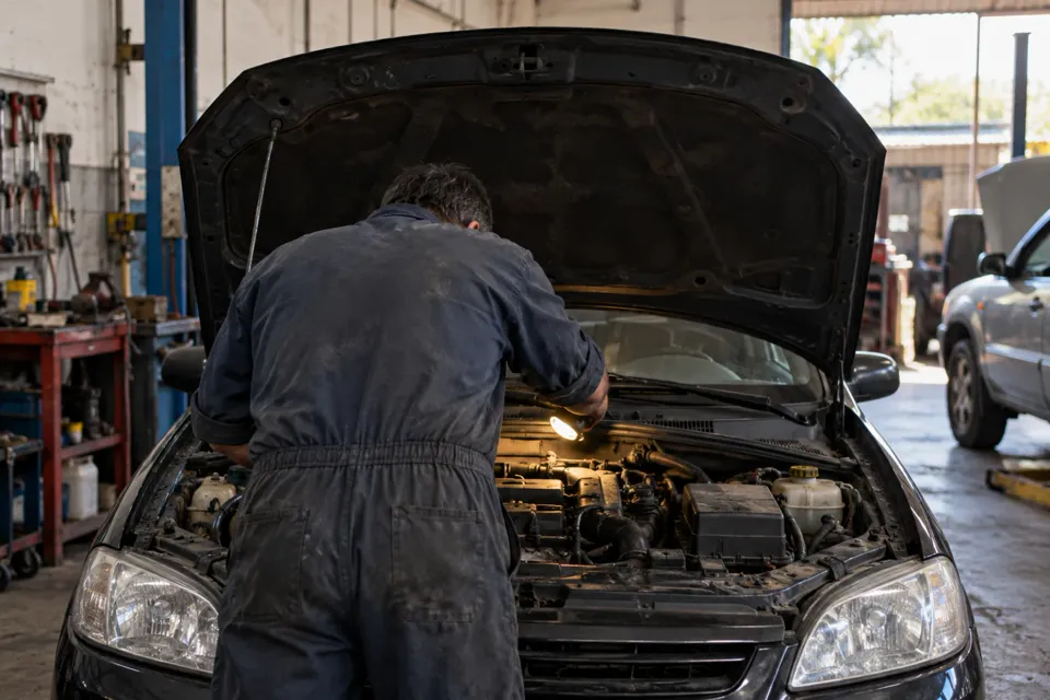 Mecánico de espaldas revisando un motor con linterna