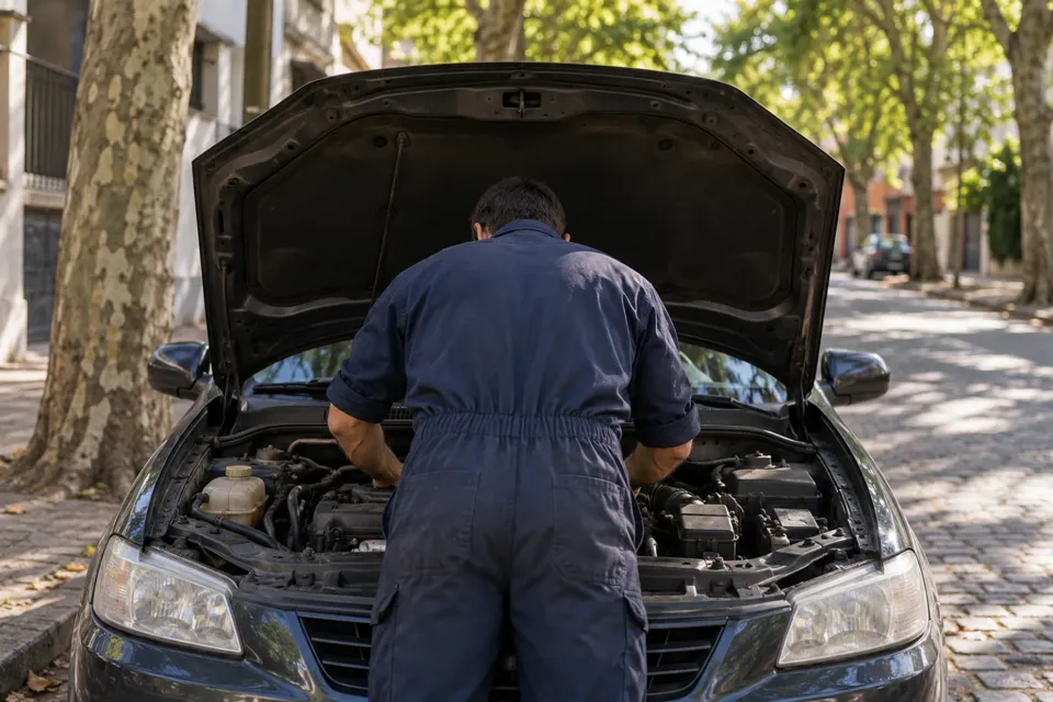 Mecánico de espaldas trabajando en un auto en la calle