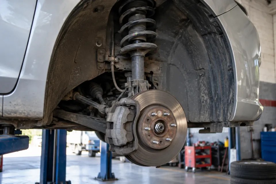 Rueda y suspensión de un auto levantado en el taller