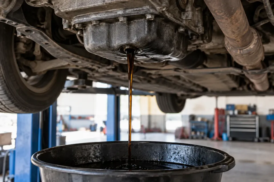 Aceite usado cayendo del cárter a una bandeja