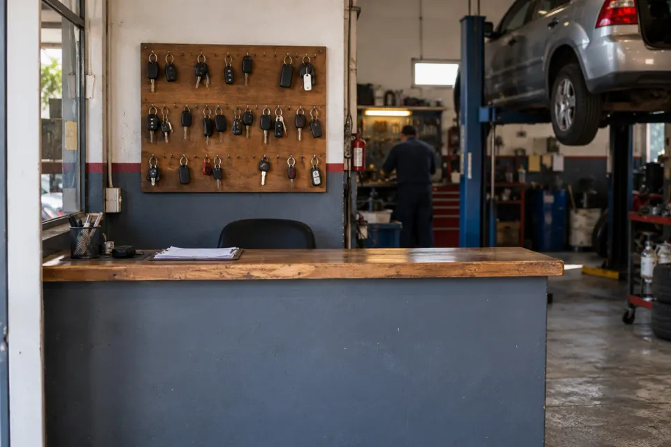 Recepción de un taller con llaves de autos colgadas