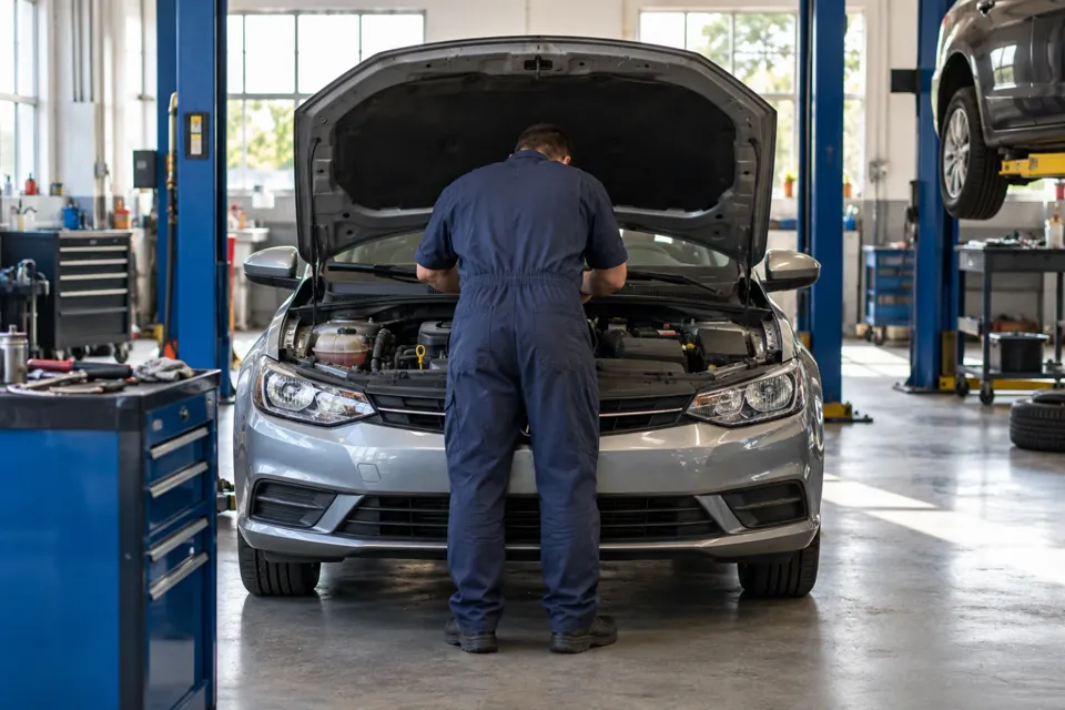 Mecánico de espaldas revisando un auto en un taller