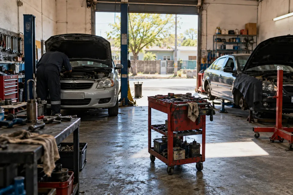 Taller mecánico de barrio con dos autos